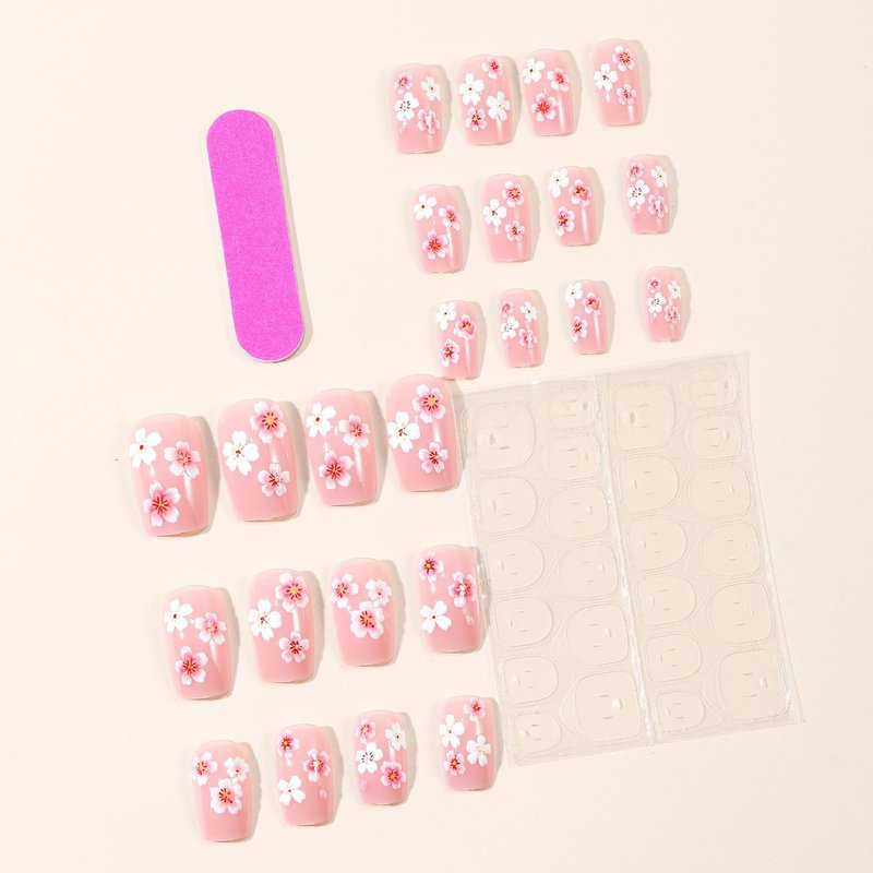 GCSQW Flower Press on Nails Medium Square Fake Nails with Cherry Blossoms Design Glossy Pink Acrylic Nails Press ons, 24Pcs Spring Summer Floral Stick on Nails for Women Daily Wear
