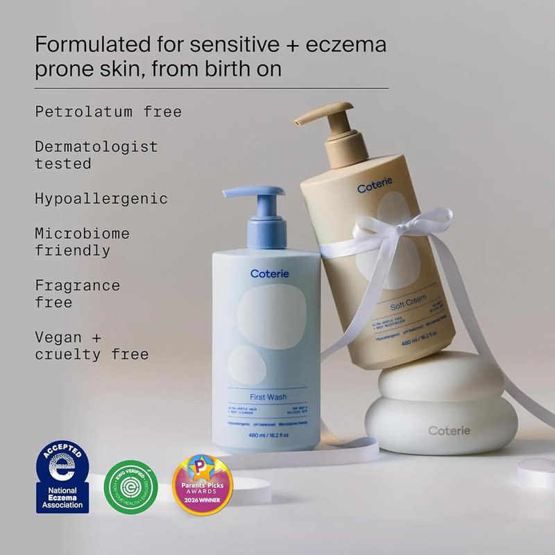 Coterie Newborn Diapers (93 Count) & Skincare Essentials Set - Hypoallergenic Shampoo, Lotion & Balm for Sensitive Skin
