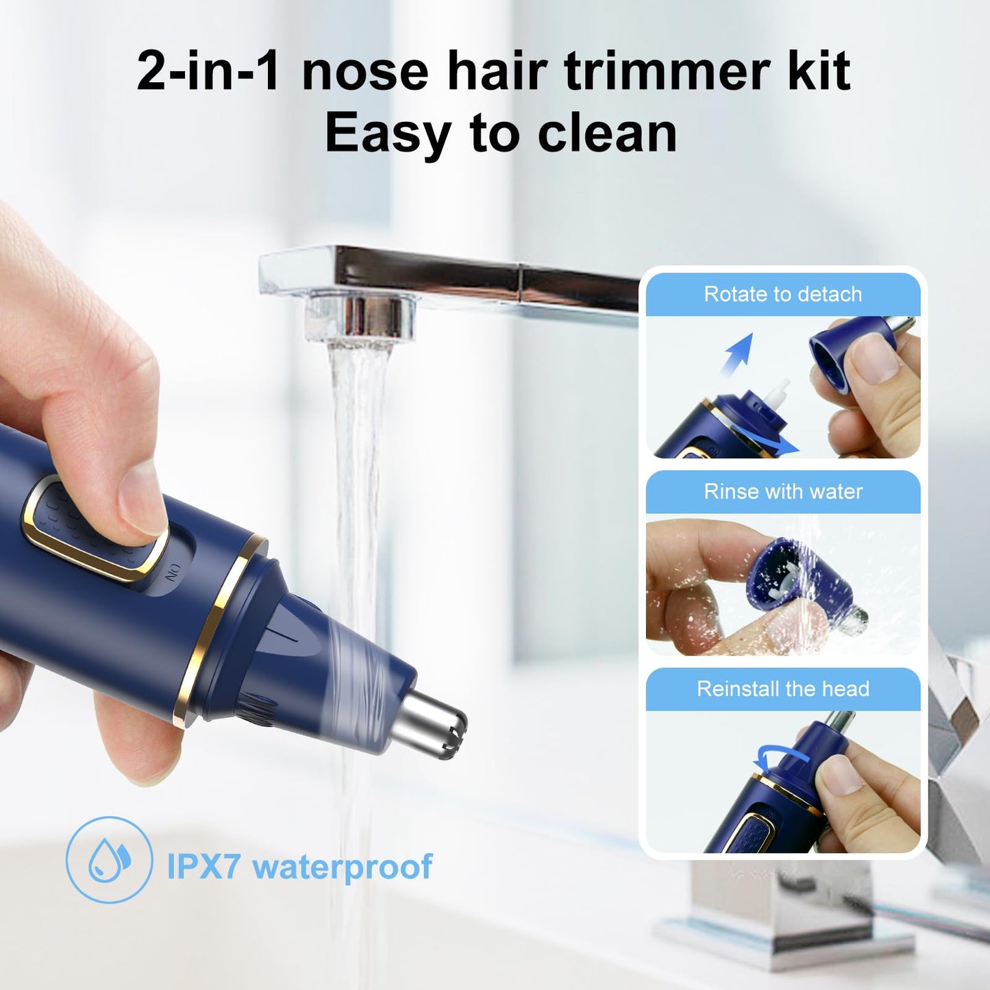 XOOMRSCP Nose Hair Trimmers for Men，Rechargeable Hair Trimmer 2 in 1 Painless Multifunctional Ear and Nose Hair Trimmer with IPX7 Waterproof Dual Edge Blades (Blue)