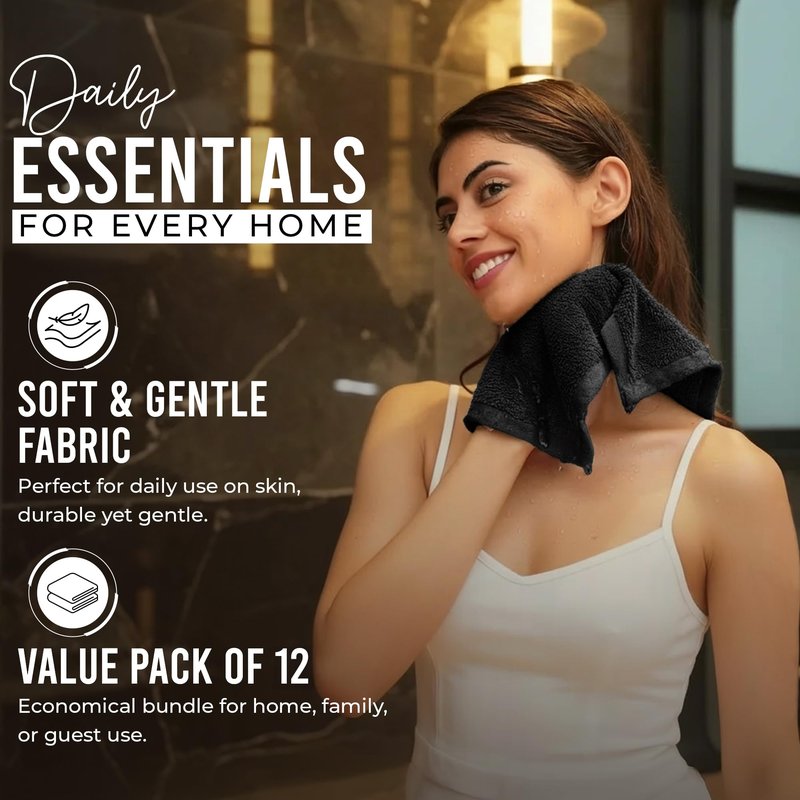 RIVERSIDE 12-Pack Premium 100% Cotton Black Face Towels for Bathroom [12x12] – Reusable Luxury Face Wash Cloths for Showering – 550 GSM Super Soft & Absorbent Washcloths for Body, Spa & Gym