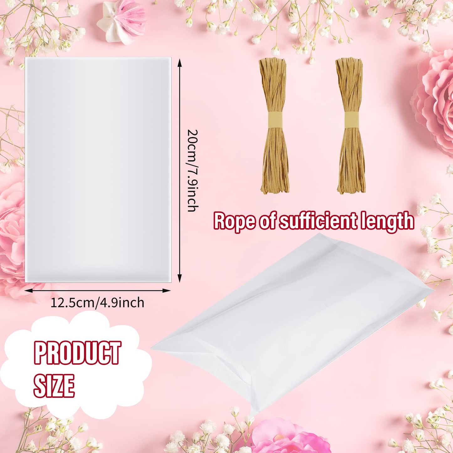 Tudomro 100 Pcs Clear Soap Bags for Packaging 5'' x 8'' Flat Cellophane Candy Wrappers Bags with Raffia Rope for Homemade Soap Making Supplies Wedding Craft Gift Birthday Party Favor
