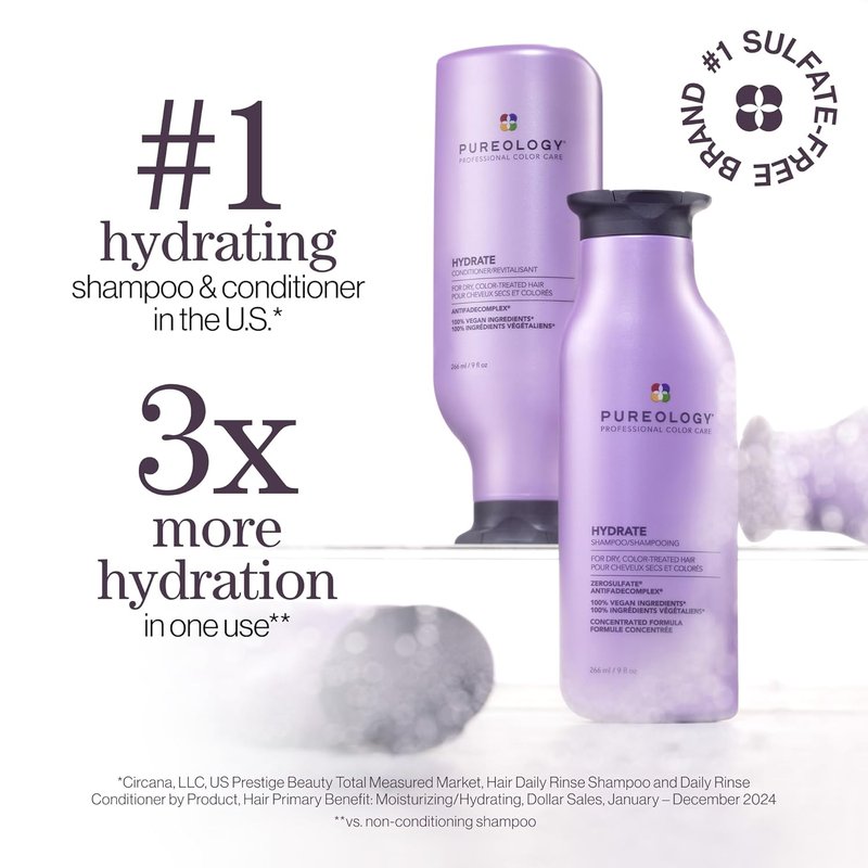 Pureology Hydrate Shampoo & Conditioner Set - Deeply Hydrates Medium to Thick Color-Treated Hair, Sulfate-Free