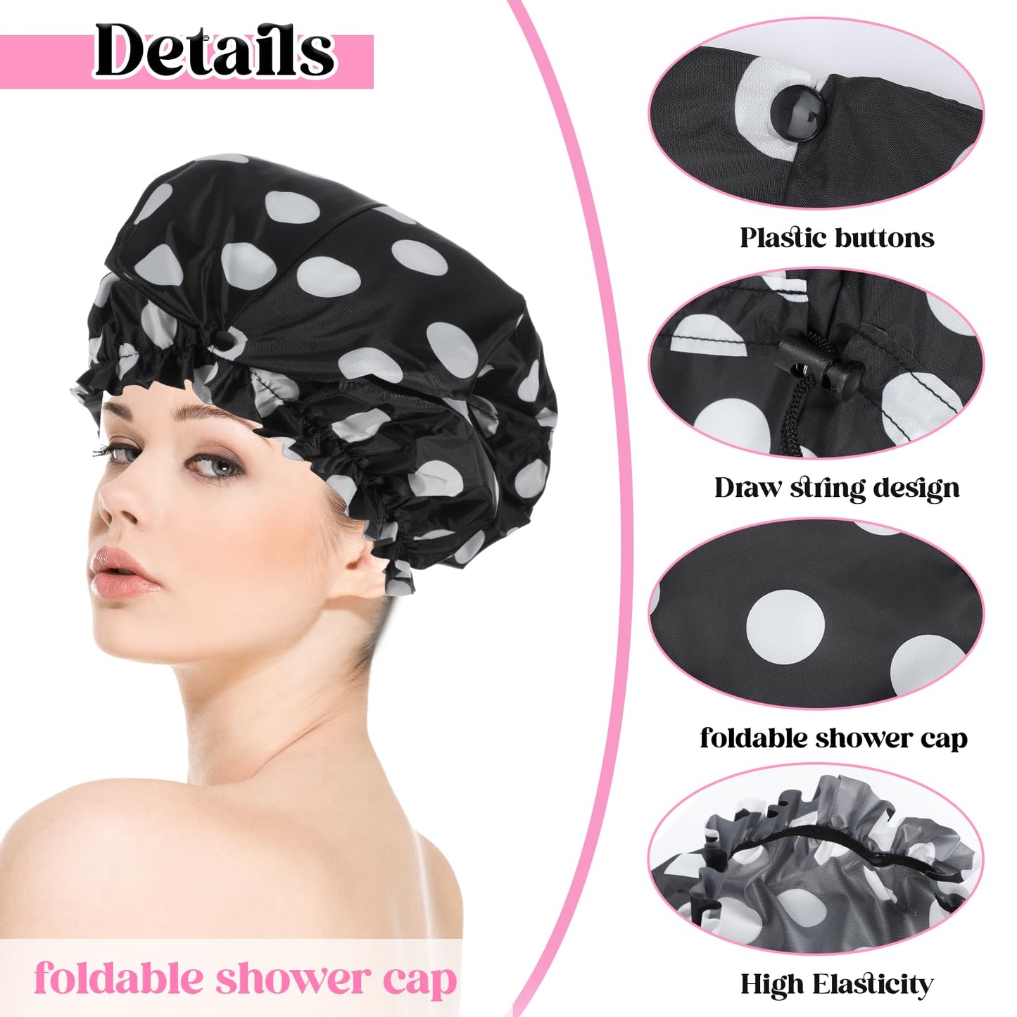 2 Pcs Large Shower Cap for Braids, Extra Long Shower Cap for Women Long Hair & Locs, Waterproof Hair Bonnets for Dreadlocks Drawstring Bath Caps for Women & Men (Polka Dots, Black)
