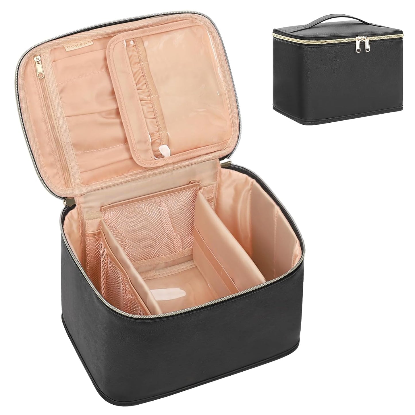 Travel Makeup Bag Organizer - Large Capacity Cosmetic Case with Divider & Handle | Black