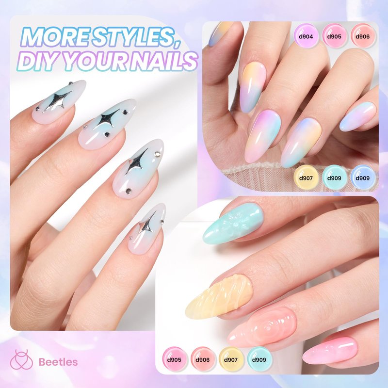 Beetles Pastel Gel Nail Polish Set - 6 Colors Spring Jelly Gel Polish Kit Pink Blue Purple Orange Yellow Green Sheer Translucent Effect Soak Off UV Macaron Dream Nail Art DIY Gift for Women
