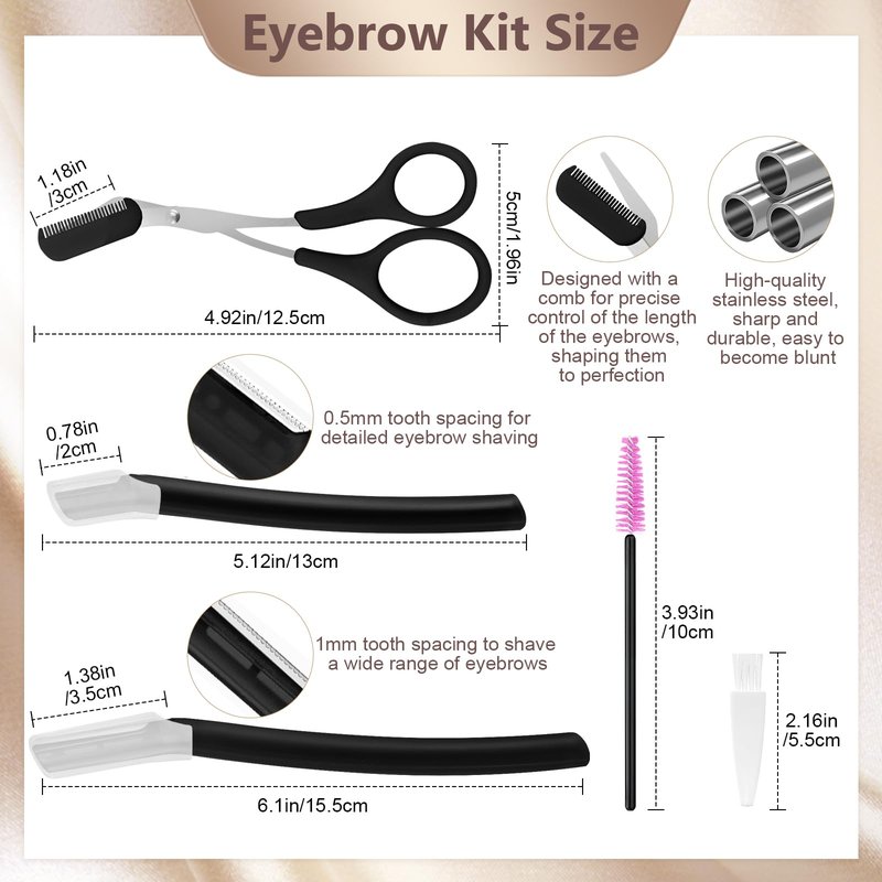 5 in 1 Eyebrow Trimming & Shaping Kit with Scissors, Razor, Spoolie & Cleaning Brush - Men/Women - Black
