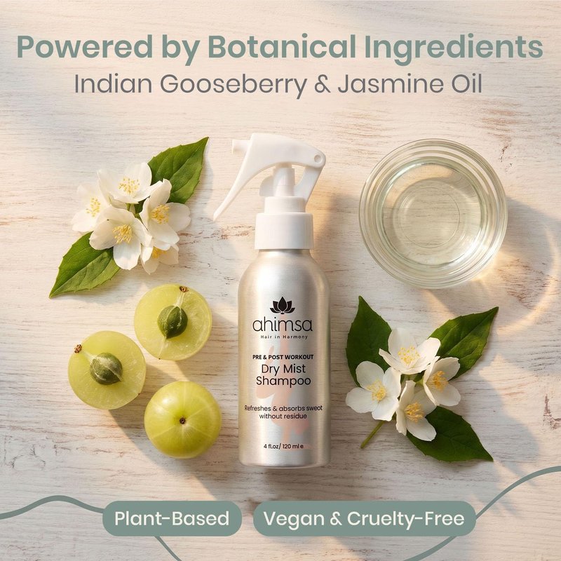 Ahimsa Non-Aerosol Dry Shampoo Mist - Jasmine Scent | 4oz, No White Residue, Vegan Formula for Post-Workout Refresh