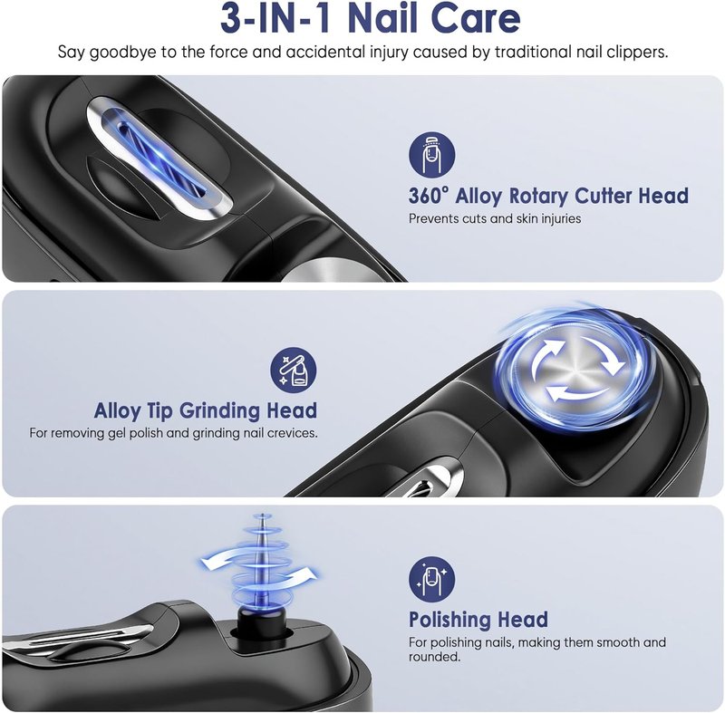 Skiennix Electric Nail Clipper - Rechargeable Trimmer with Light & Storage for Seniors | Black
