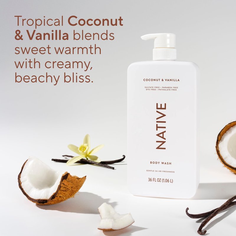 Native Body Wash for Women & Men, Coconut & Vanilla, 36 oz Pump Bottle, Sulfate-Free & Gentle