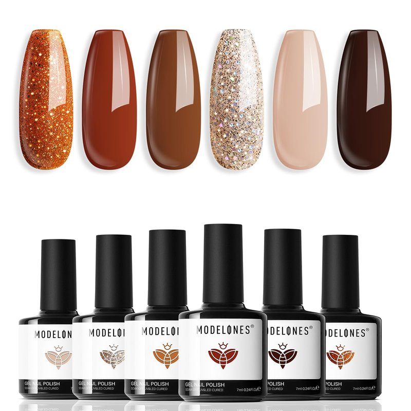 modelones Gel Nail Polish Set, 6 Colors 2026 Winter Neutral Nude Brown Gel Polish Maroon Caramel Burgundy Champane Gold Glitter Nail Polish Cherry Mocha Soak OFF LED DIY Kit Gift