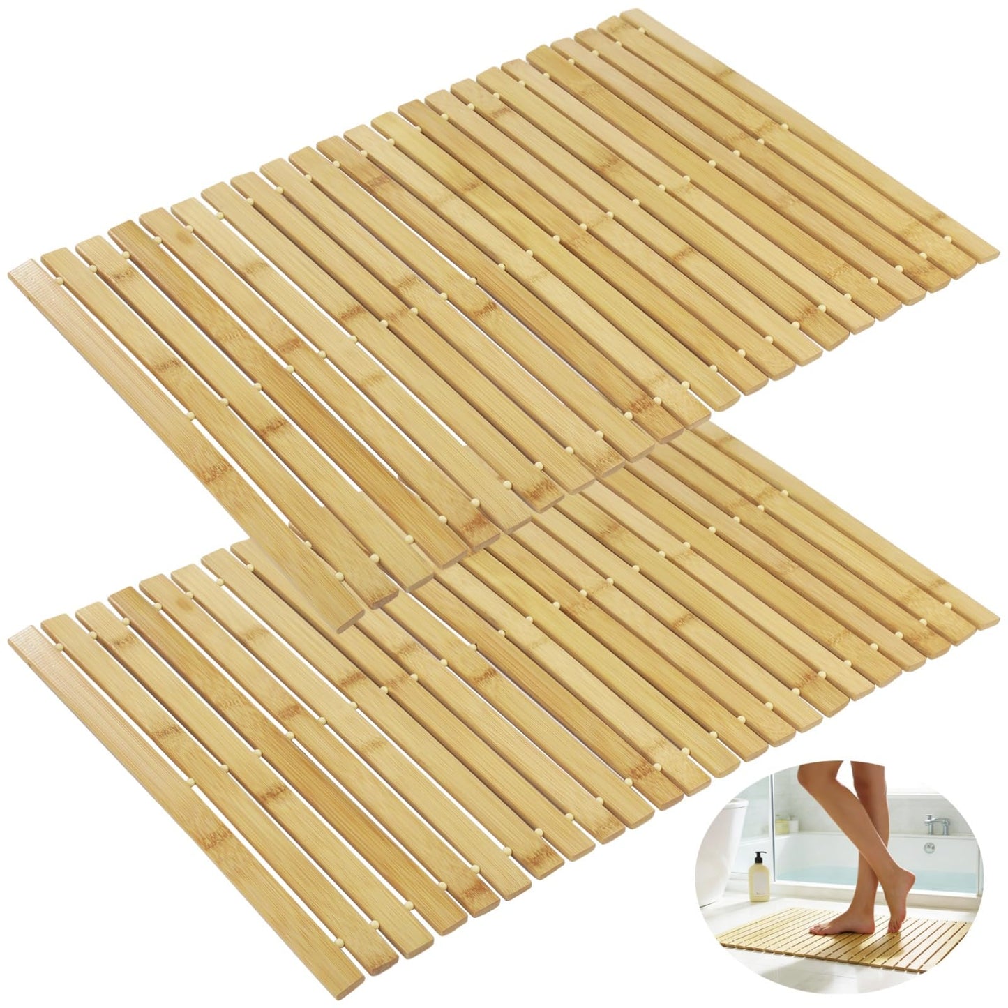2 Pcs Bamboo Bath Mat, 23.6 x 15.7 in Hand Woven Wooden Shower Mat, Non-Slip Waterproof for Bathroom, Spa, Sauna, Outdoor Use