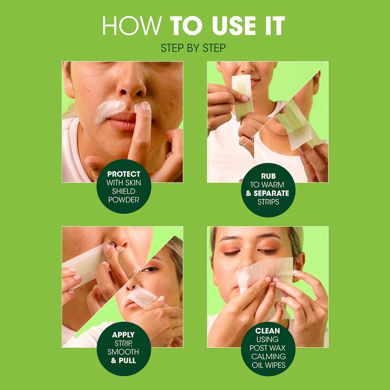 Nad's Facial Wax Strips - Hypoallergenic All Skin Types - Facial Hair Removal For Women - At Home Waxing Kit with 20 Face Wax Strips + 4 Calming Oil Wipes + Skin Protection Powder, (Pack of 2)