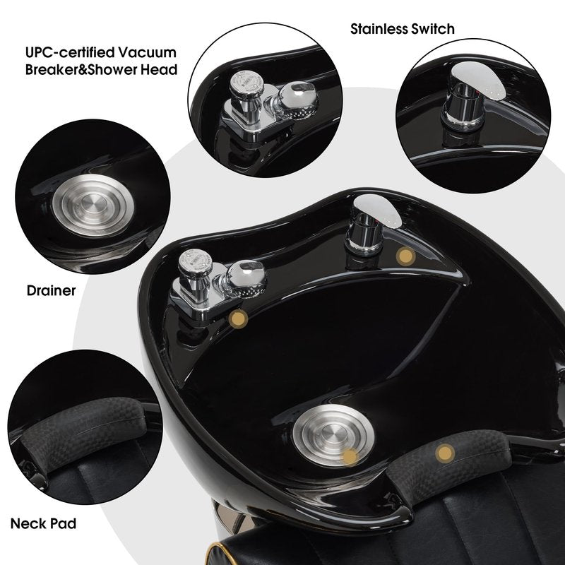 BarberPub Backwash Shampoo Chair and Bowl Set, Adjustable Porcelain Ceramic Wash Bowl Sink Unit, Luxurious Shampoo Station Chair for Spa Beauty Salon Hair Salon 9175 (Luxurious, Black)