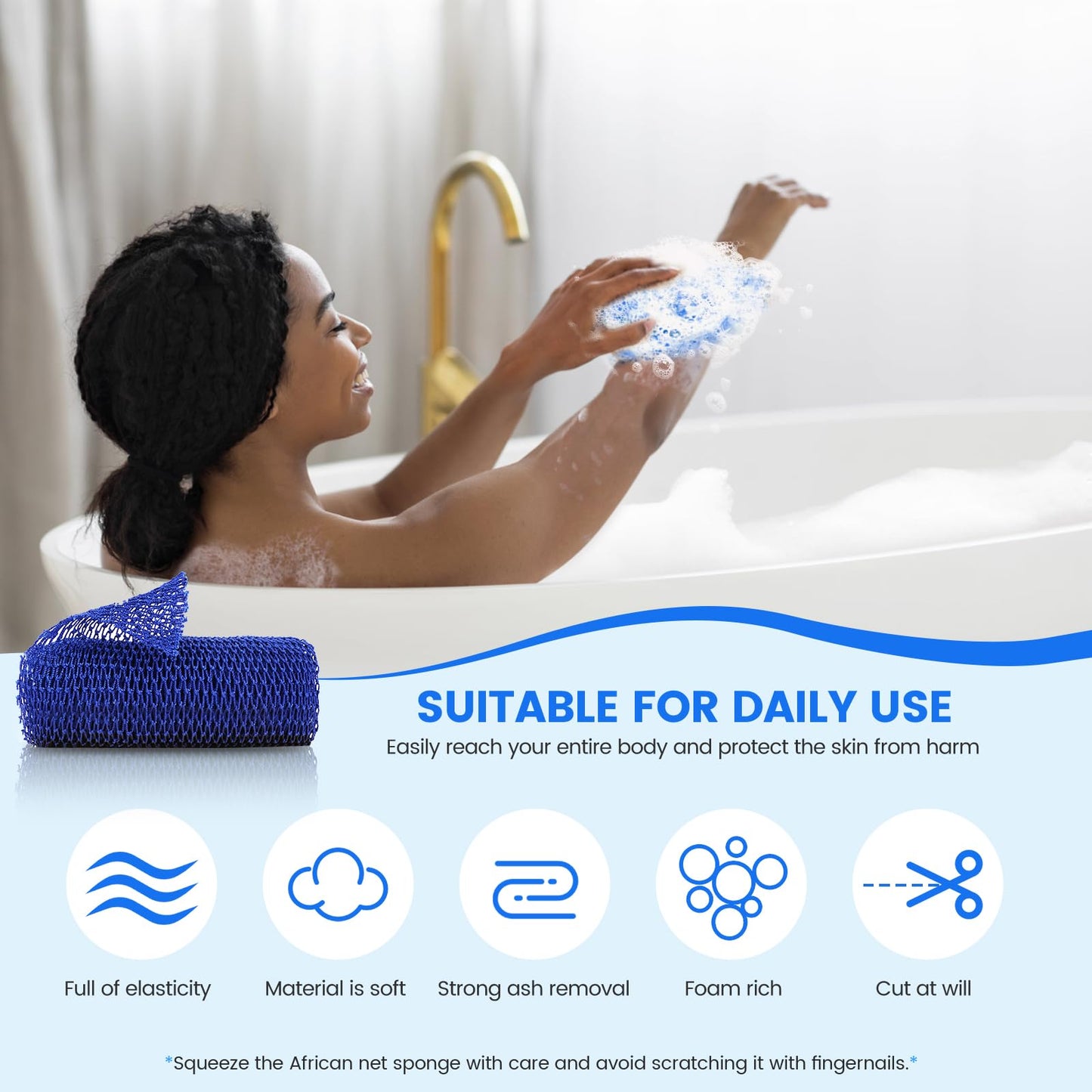 ZOCY African Net Sponge, Authentic Exfoliating Body Scrubber for Bath and Shower, Multiple Textures with Gentle Deep Exfoliating and Rich Lather for All Skins (Blue)