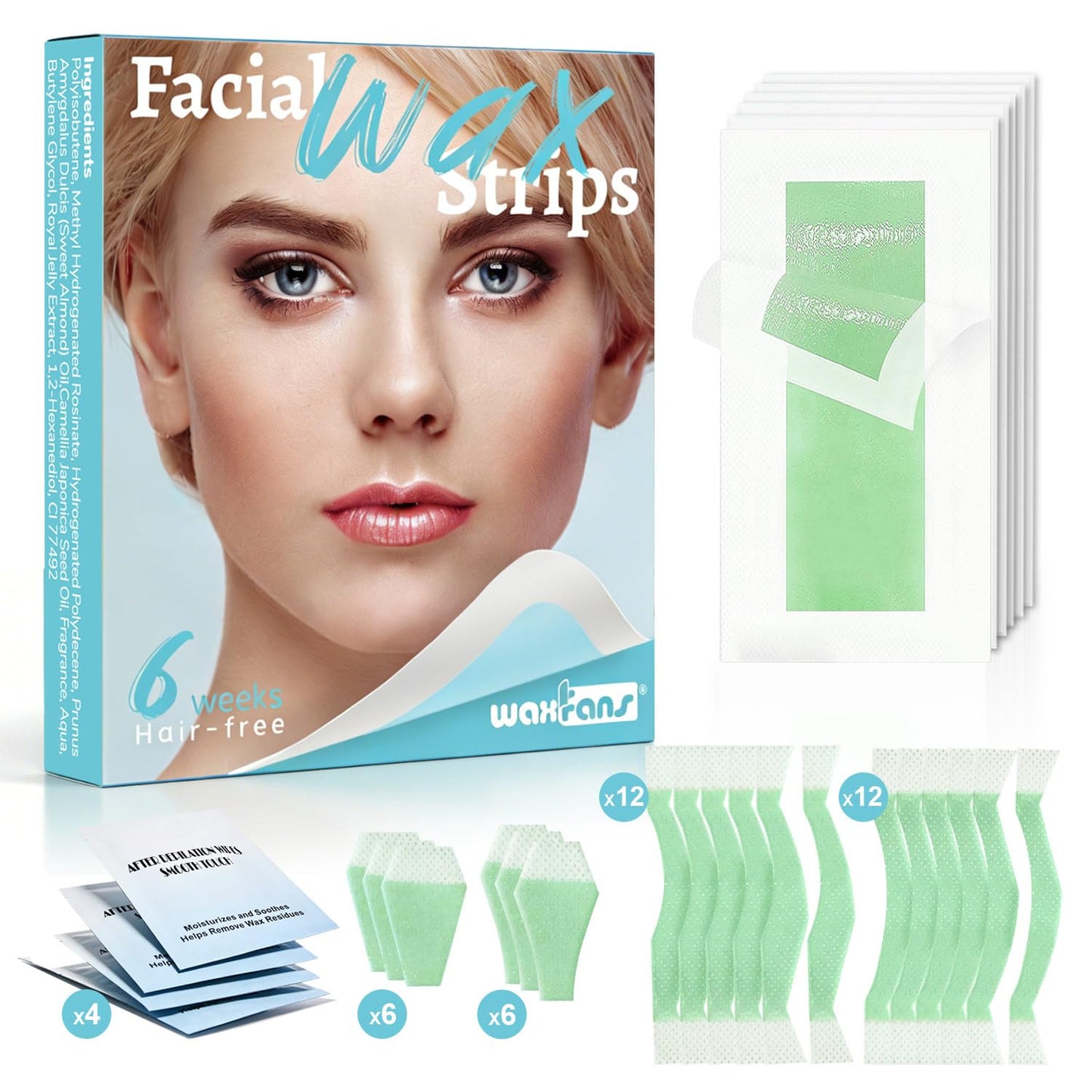 Waxfans 52PCS Wax Strips - Hair Removal Kit for Face, Eyebrows, Bikini & More | Includes 4 Post-Wax Oil Wipes
