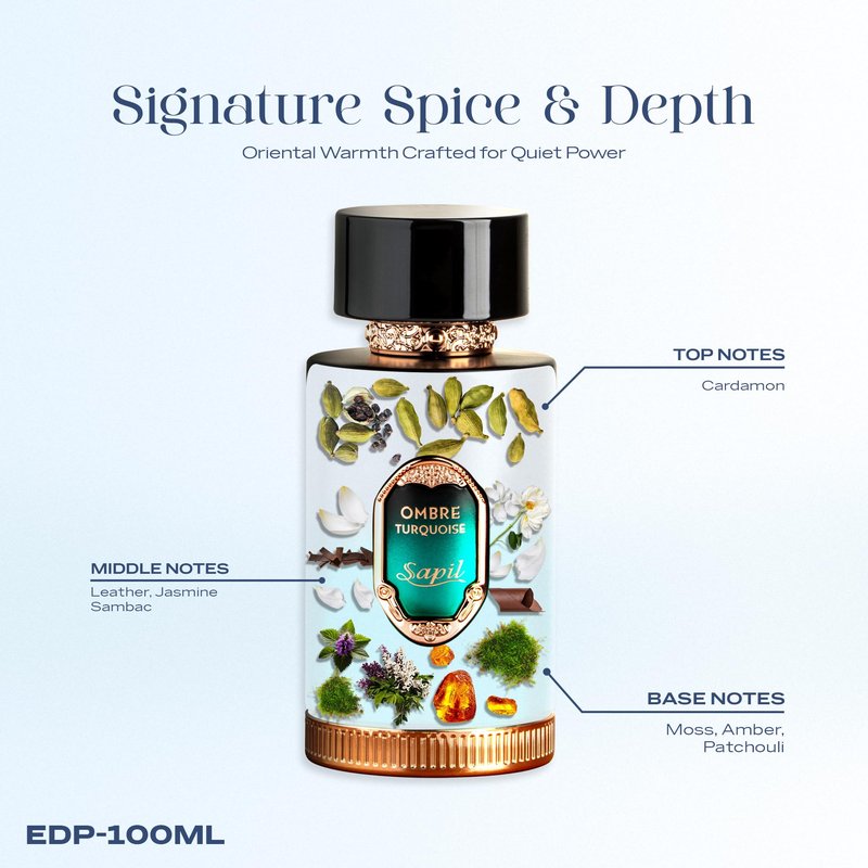 Sapil Ombre Turquoise Eau de Parfum – Long Lasting Unisex Woody Perfume | Cardamom, Leather & Amber Notes | Clean Elegant Signature Fragrance | 3.4 oz / 100ml