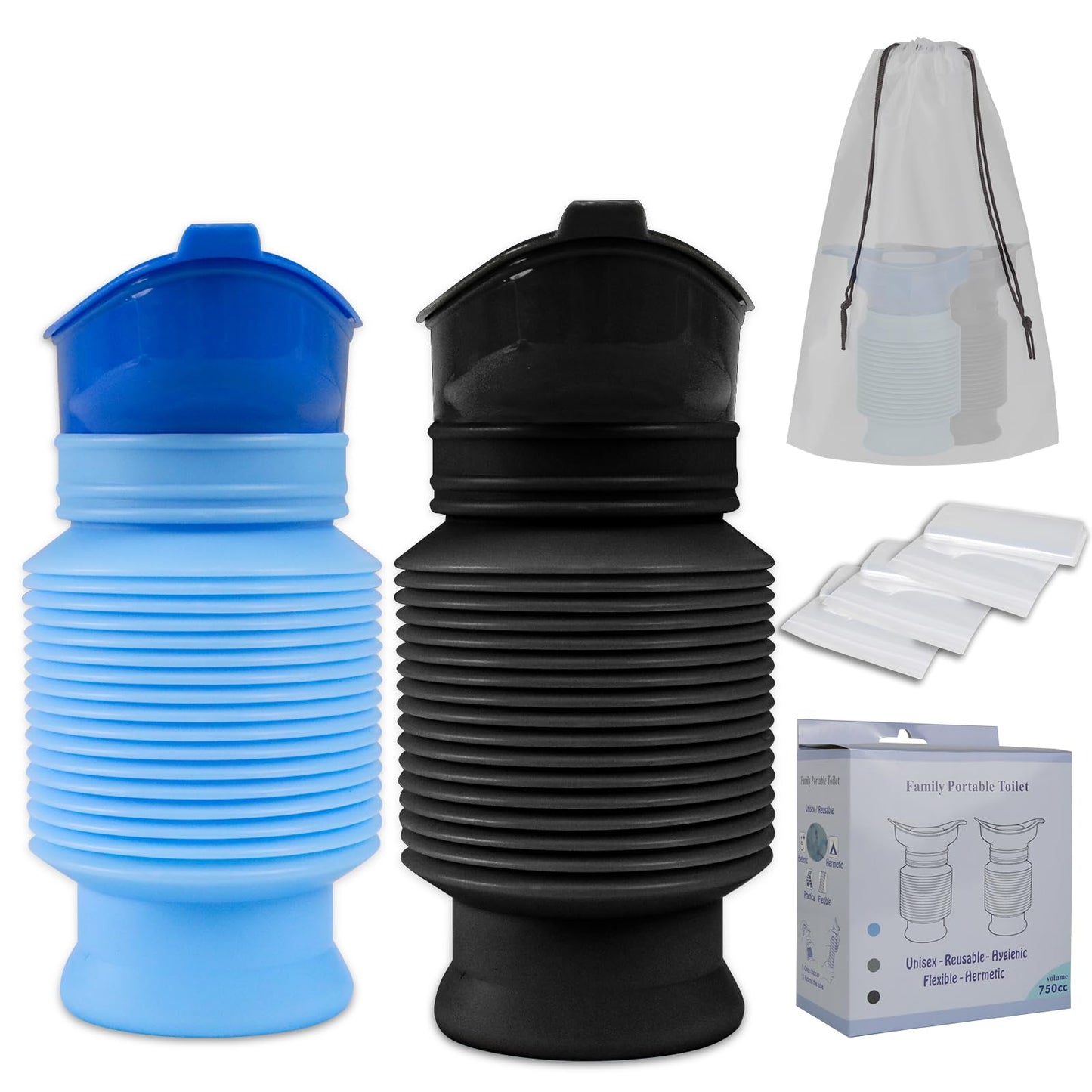 Pee Bottles for Men, Collapsible Emergency Urinal With Disposable Replacement Bags, Car Pee Bottle for Men and Women, 750ml, 2PCS Urine Bottle, Travelling, Traffic Jams & Hiking (black and blue)