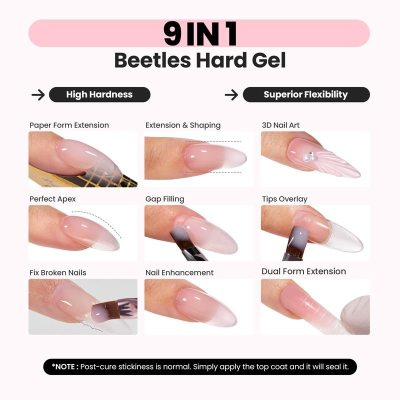 Beetles HEMA-Free Hard Gel for Nails,0.5 oz Mini Size Pink 9 in 1 Builder Nail Gel for Sensitive Nails Extension Sculpting & Overlays UV/LED Lamp Cured Professional Nail Tech Use Women