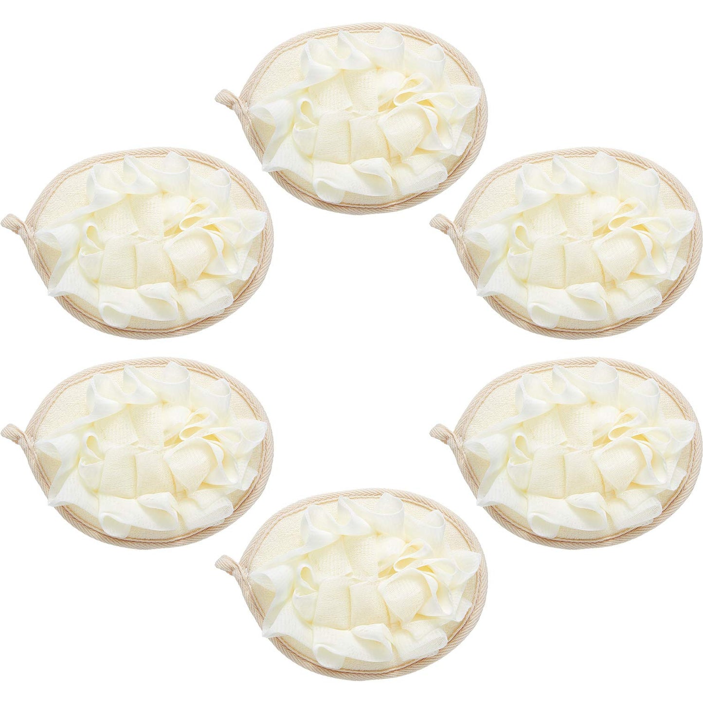 Boao 6 Pcs Bath Shower Pouf Sponge Mesh Pouf Shower Ball Exfoliating Body Sponge Pad Scrubber Glove with Flower Bath Ball (Beige)