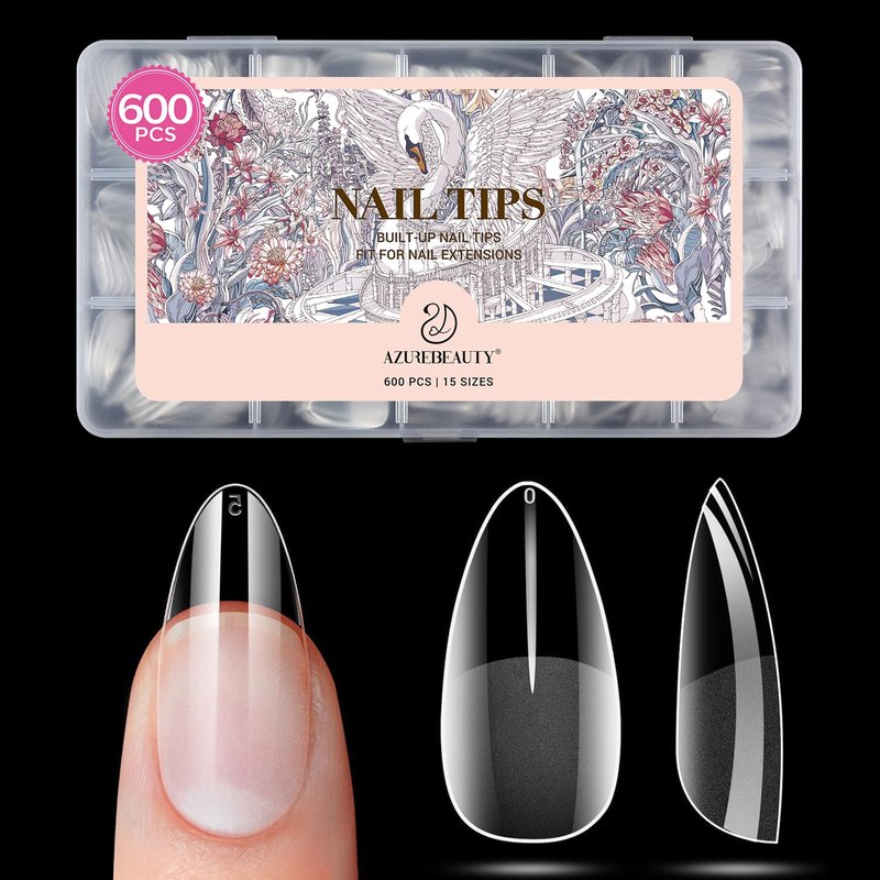 AZUREBEAUTY Medium Almond Nail Tips 600pcs 15 Size, Pre Etched Soft Gel Nail Tips Acrylic Fake Nails Half Matte Full Cover Clear Press On False Nail Extensions for DIY Manicure at Home Nail Art