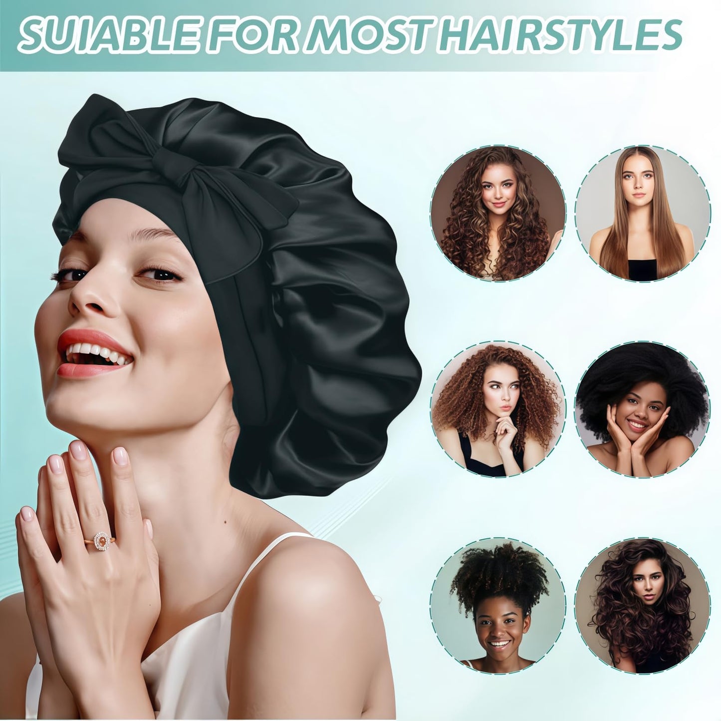 VECIIR Silk Bonnet for Sleeping Women, Ajustable Hair Bonnet for Curly Hairs Satin Bonnet Reduce Friction Prevent Frizz Black，Large