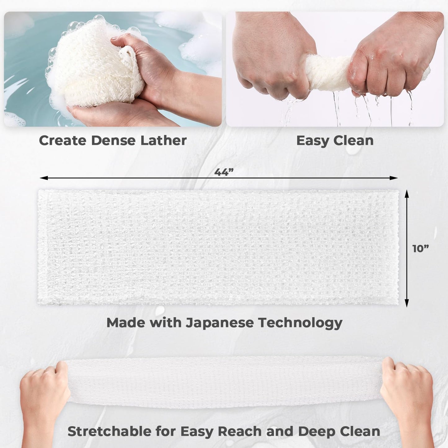 Hiflora 3D Wave Weave Japanese Exfoliating Washcloth, Long Exfoliating Back Scrubber for Shower, Gentle Body Scrub Towel, Korean Style, Cloud (Soft)