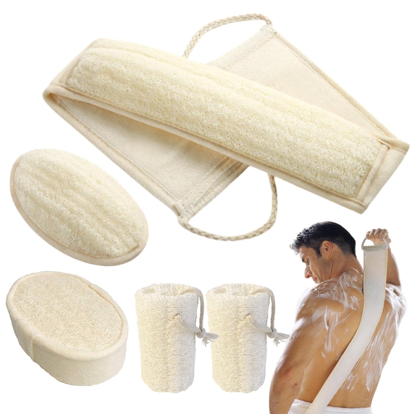 YUNKWONG Natural Loofah Sponge, Exfoliating Body Scrubber for Men Women, Loofah with Handle, Exfoliating Back Scrubber for Shower Set, Deeply Clean & Invigorate Your Skin (5 pcs in Box)