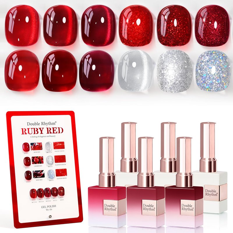 Double Rhythm Gel Polish Set - 6 Pcs 15 ML Soak Off Nail Art Kit | Jelly Burgundy Red & Silver Glitter