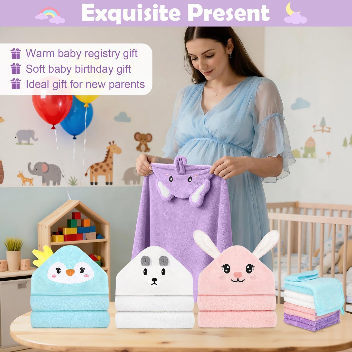CandyHome 12 PCS Baby Bath Towels Set for Infants Toddlers, 4 PCS Animal Hooded Baby Towels & 8 PCS Washcloths Set, Ultra Absorbent Newborn Bath Essentials Gifts for Boys & Girls