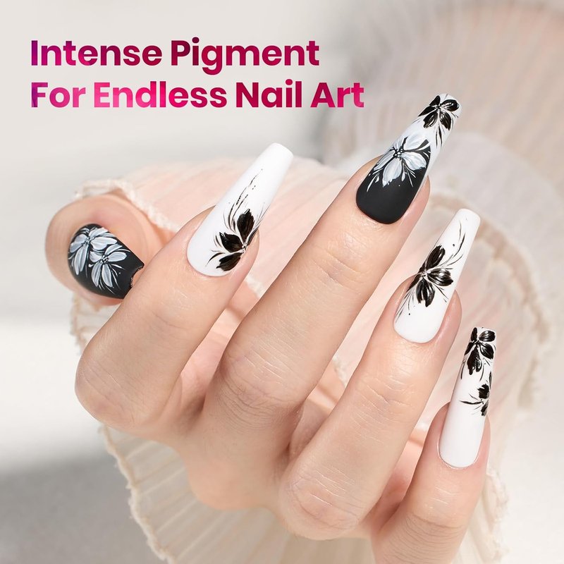Beetles PRO Black & White Nail Art Gel - 2PCS UV-Cure Gel Paint with 10mm Liner Brush | Perfect for Floral Designs & French Tips