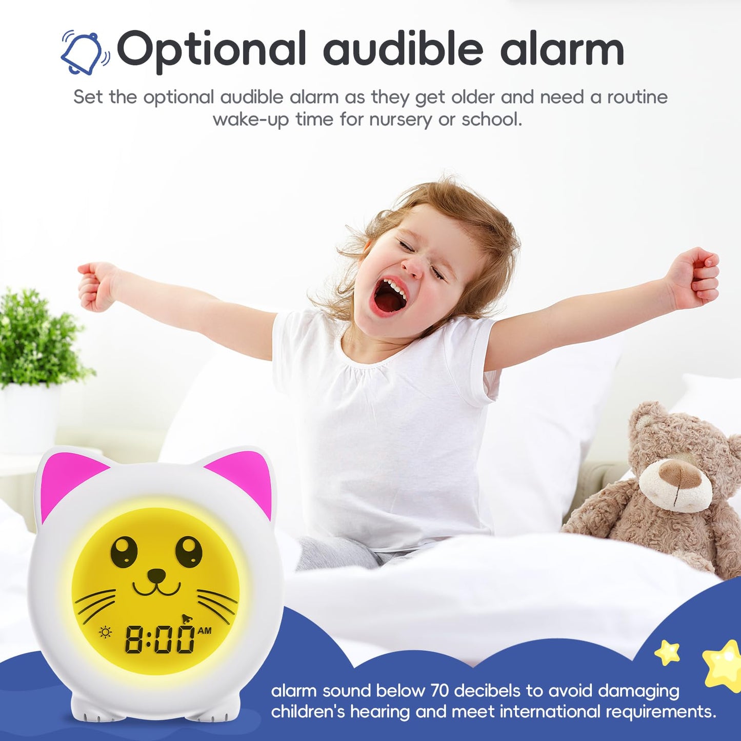 B&H Sleep Trainer Clock for Toddler - Rechargeable Kid Ok to Wake Clock, Cute Cat Girls Alarm Clock, Drop Proof, Night Light, Science-Backed Lighting for Peaceful Sleep and Ready to Rise Mornings