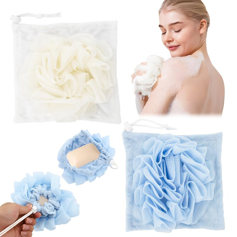 2 Pcs Bath Sponge with Drawstring,that Holds Bar Soap,for Cleansing and Smooth Skin,2 in 1 Loofah Washcloth Combo Soap Bar Loofah(White, Blue)