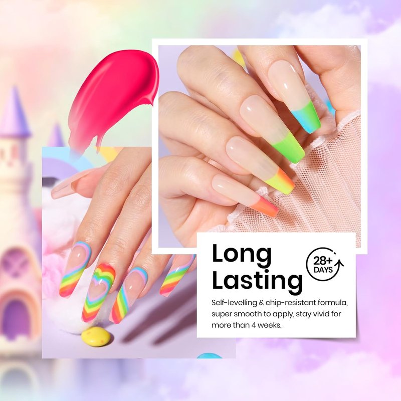 Beetles Neon Gel Nail Polish - Rainbow Kingdom, 6 Colors Hot Pink Blue Yellow Green Summer Gel Nail Polish Set, Soak Off UV LED Bright Rainbow Summer Nails Art, Long-Lasting Manicure Salon DIY Home