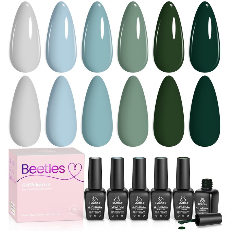 Beetles Green Gel Polish Set - 6 Colors Dark Green Baby Blue Gray Summer Color Gel Nail Polish Misty Soak Off DIY Home Uv Nails Gifts for Women Girls day