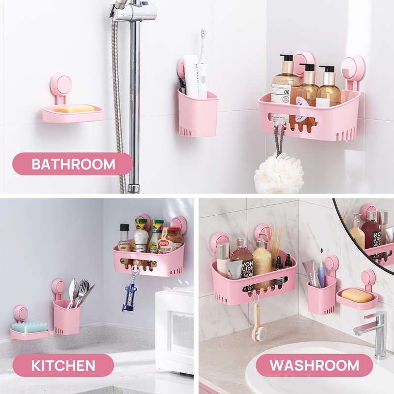 LEVERLOC Shower Caddy Suction Cup Set Shower Organizer & Soap Holder & Toothbrush Holder, Bathroom Shelf Basket NO-Drilling, Removable Suction Storage Waterproof Bathroom Caddy, Pink