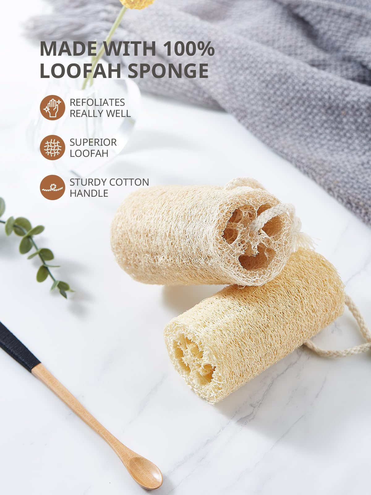 Reemix Natural Loofah Exfoliating Body Scrubber 4-Piece Long Cylinder Set - Large Home & Shower Sponge for Face & Body, Eco-Friendly Bath Tool for Gentle Exfoliation, Spa-Like Experience at Home