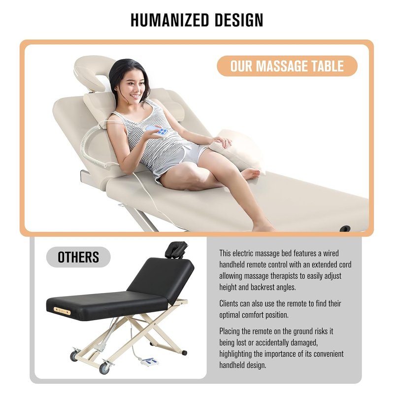 Skiennix Heavy Duty Electric Massage Table - Adjustable 2 Motor Lift & Backrest | 31.2" Wide x 75" Long, Beige Gray