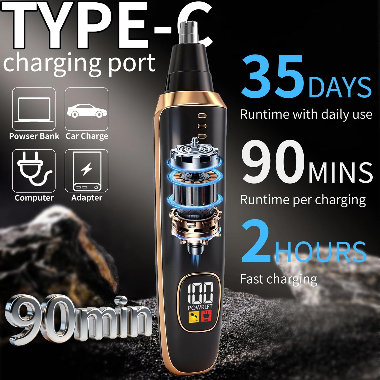 Yunmiss LED Display Eyebrow & Nose Hair Trimmer Clipper for Men Women,2026 Rechargeable 2 in 1 Painless Ear & Facial Hair Trimmer with Powerful Motor and Dual-Edge Blades Easy Cleansing (Black)