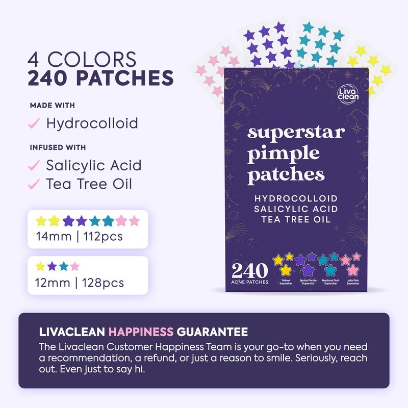 Livaclean 240CT Star Pimple Patches for Face w/ Hydrocolloid, Tea Tree oil & Salicylic Acid - Zit Stickers, Hydrocolloid Acne Patches for Face - Cute Pimple Patch, Acne Stickers