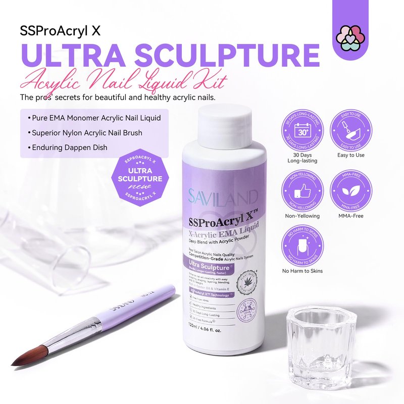 SAVILAND Pure EMA Monomer Acrylic Nail Liquid: 4 oz Pro Acrylic Monomer for Nails Extension with 12# Nail Brush Dappen Dish for Beginners DIY at Home Professional Salon Use