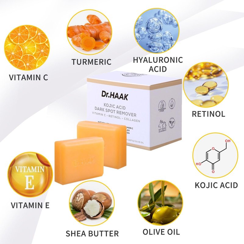 Dr. HAAK Kojic Acid Dark Spot Remover Soap –Skin Brightening Bar with Vitamin C, Retinol, Collagen & Turmeric –Formula with Hyaluronic Acid, Vitamin E, Shea Butter & Castile Olive Oil (2 Pack)