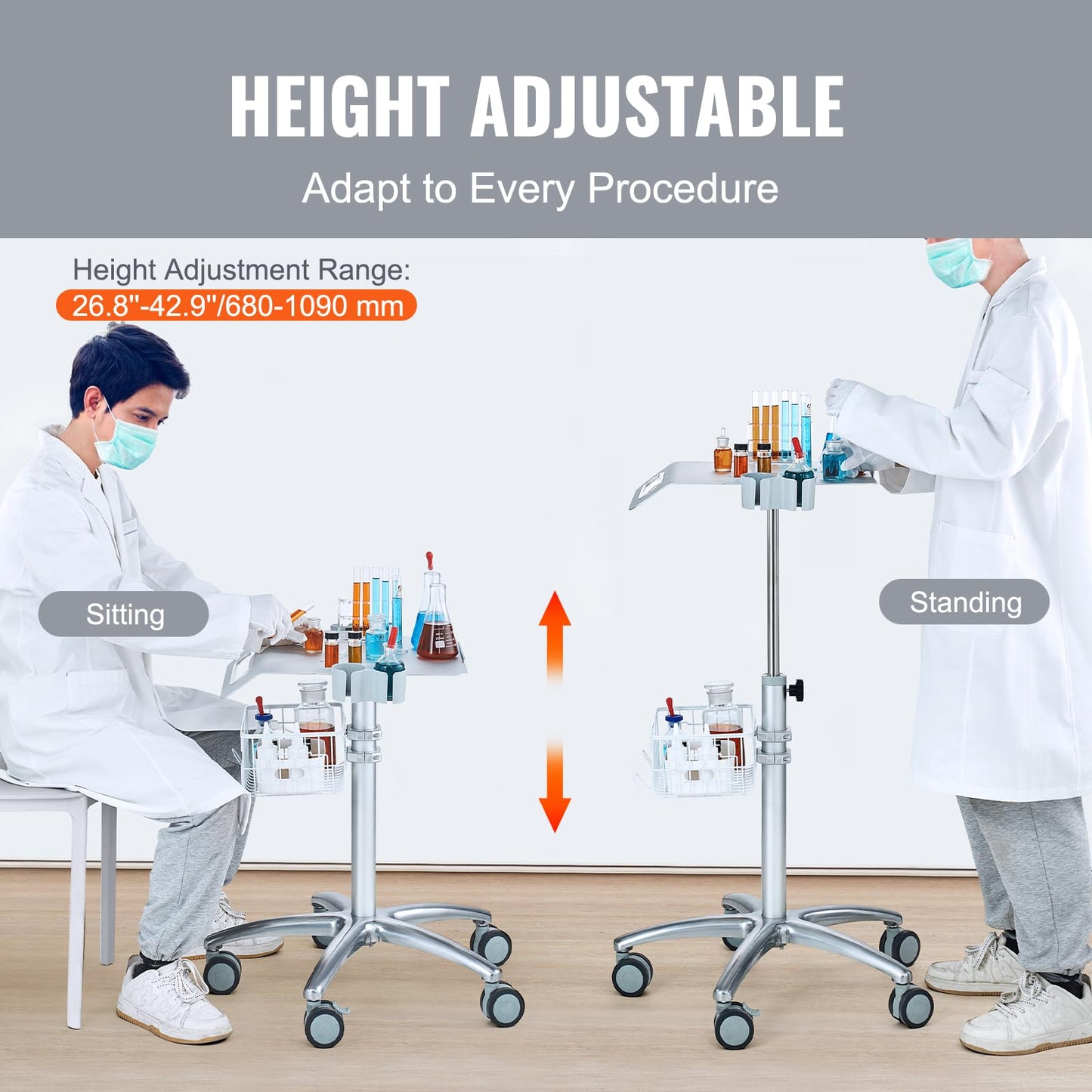 VEVOR Medical Trolley with Wheels - Height Adjustable Gas Lift, Stainless Steel Rolling Laptop Cart with Storage Basket, 19"×17" Large Tabletop,Mobile Metal Scanner Cart for Ultrasound/Dental/EKG/Lab