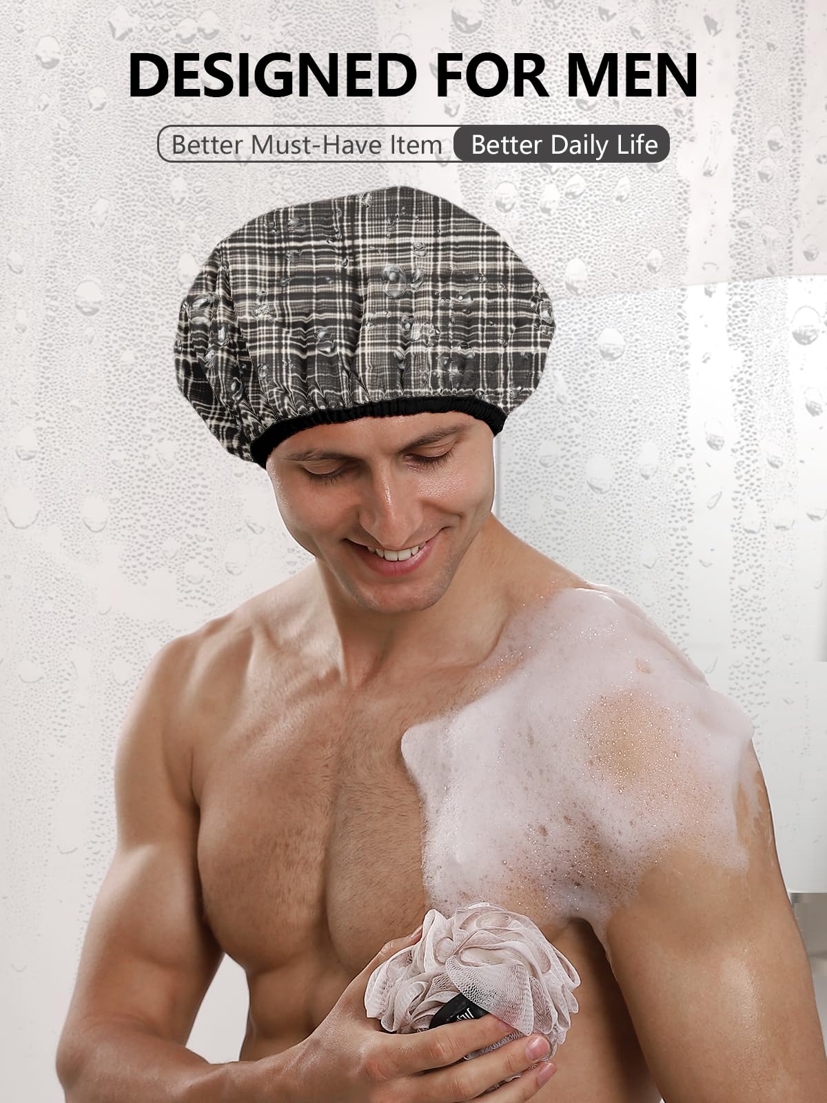 Years calm Men Shower Cap Reusable Waterproof, Dual-Layer Design, Double-Sided Use,Protects Hair in Shower, Spa, Travel & Cooking, Adjustable Elastic for Comfortable Fit (Black Plaid, One Size)