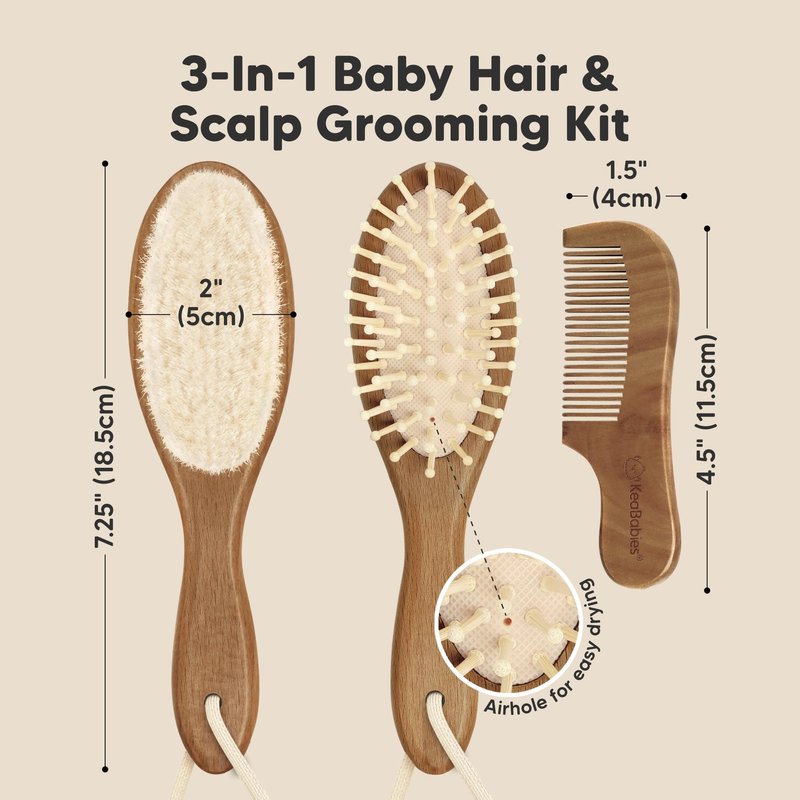 Baby Hair Brush Set for Newborns - Soft Goat Bristle Wooden Baby Brush and Comb Set Newborn Grooming Kit for Cradle Cap, Durable & Gentle, Boy, Girl Infant Essentials Care Kit (Regular, Dark Walnut)