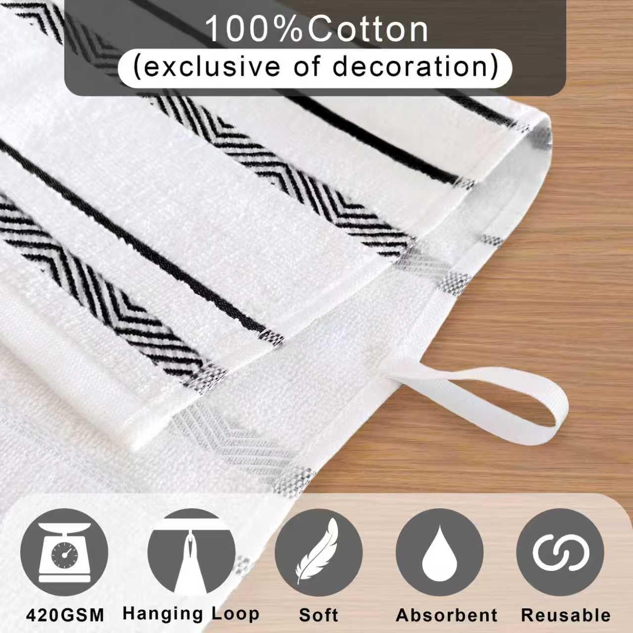 VOOVA & MOVAS Dish Towels for Kitchen Set of 2, 16"x26" - 100% Cotton | Soft | Absorb | Daily Use, Stripe Kitchen Hand Towels with Hanging Loop, White with Black Stripes