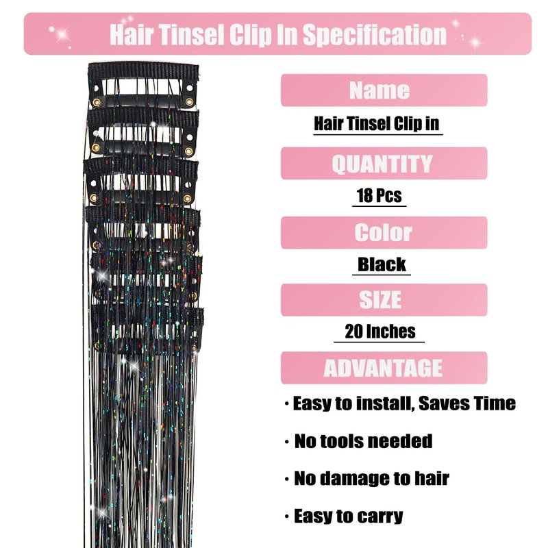 Skiennix Hair Tinsel Extensions - 20 Inch Glitter Clip-Ins | Pack of 18 for Kids & Women (Black)