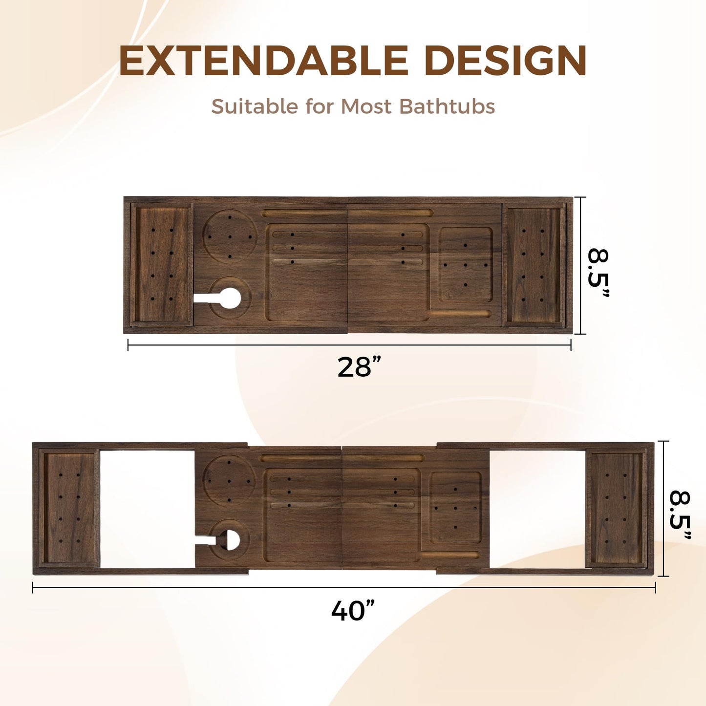Teak Bathtub Tray - Luxury Bath Tray with Expandable Handles, Wine Glass and Phone Holders, Book Stand - Perfect for Home Spa Relaxation and Reading - Natural Bath Accessories - Dark Walnut Color