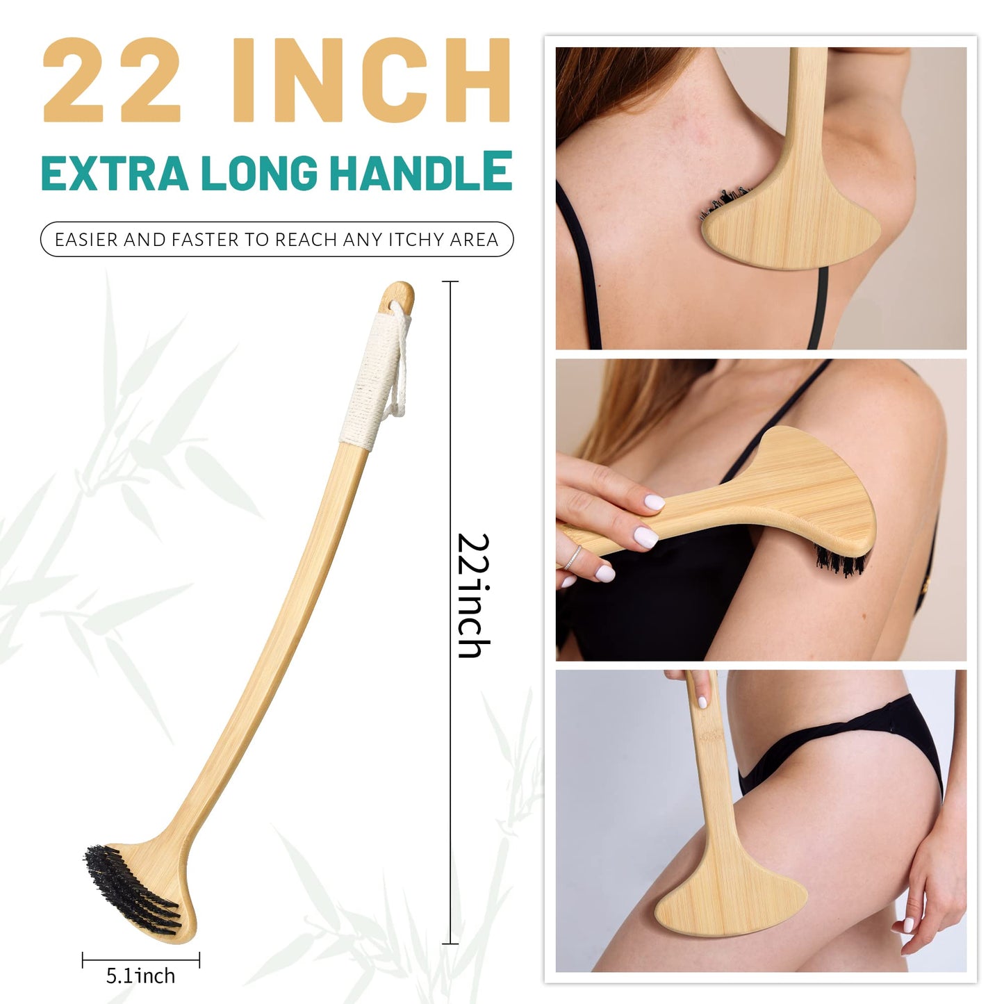 NURENDER 22" Oversized Back Scratcher, Bamboo Body Scratcher for Men and Women, Curved Backscratcher with Long Handle and Wide Nylon Brush Head for Itching Relief, Great for Elders, Pregnant Women