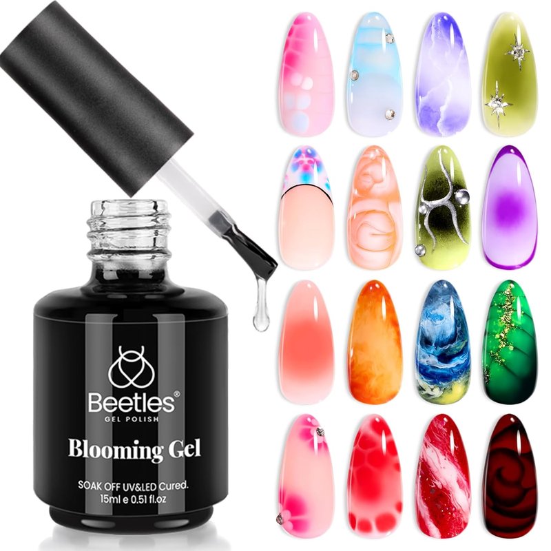 Beetles Gel Top & Base Coat Set - No Wipe Formula with 15ml Blooming Gel | Clear UV LED Polish