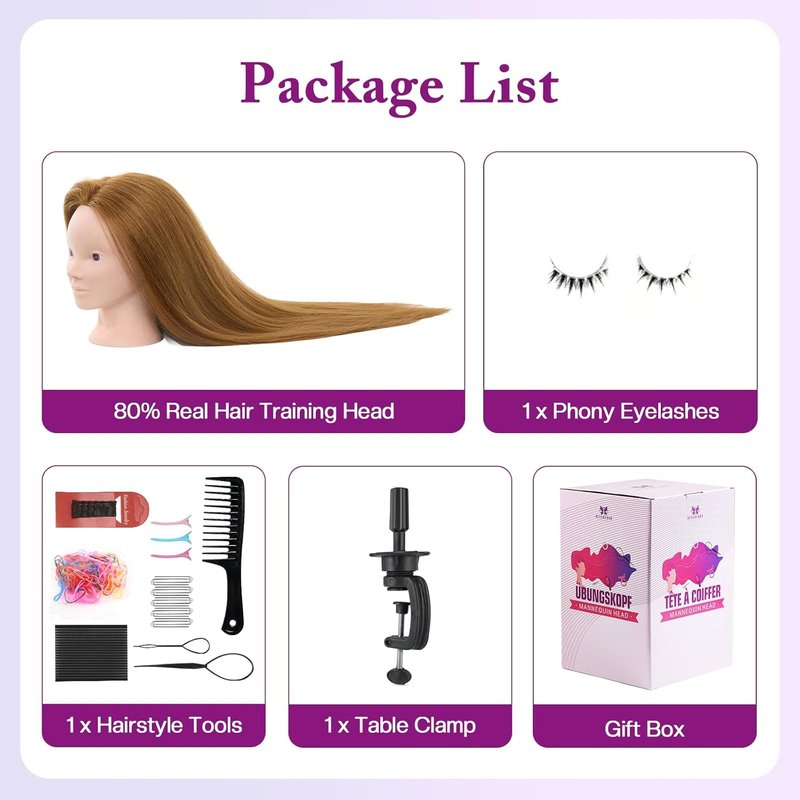 28" Mannequin Head Human Hair - 80% Real Hair Cosmetology Makeup Training Head Practice Manikin Doll Head for Styling Hairdressing Braiding Mannequin Head